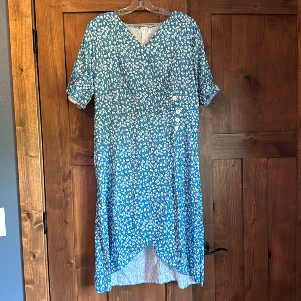 This pretty dress has never been worn. It’s a high-low size L.